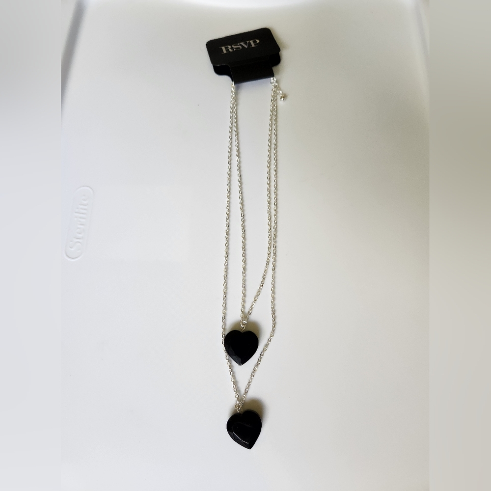 RSVP Double Black Heart Necklace Silver Tone NWT